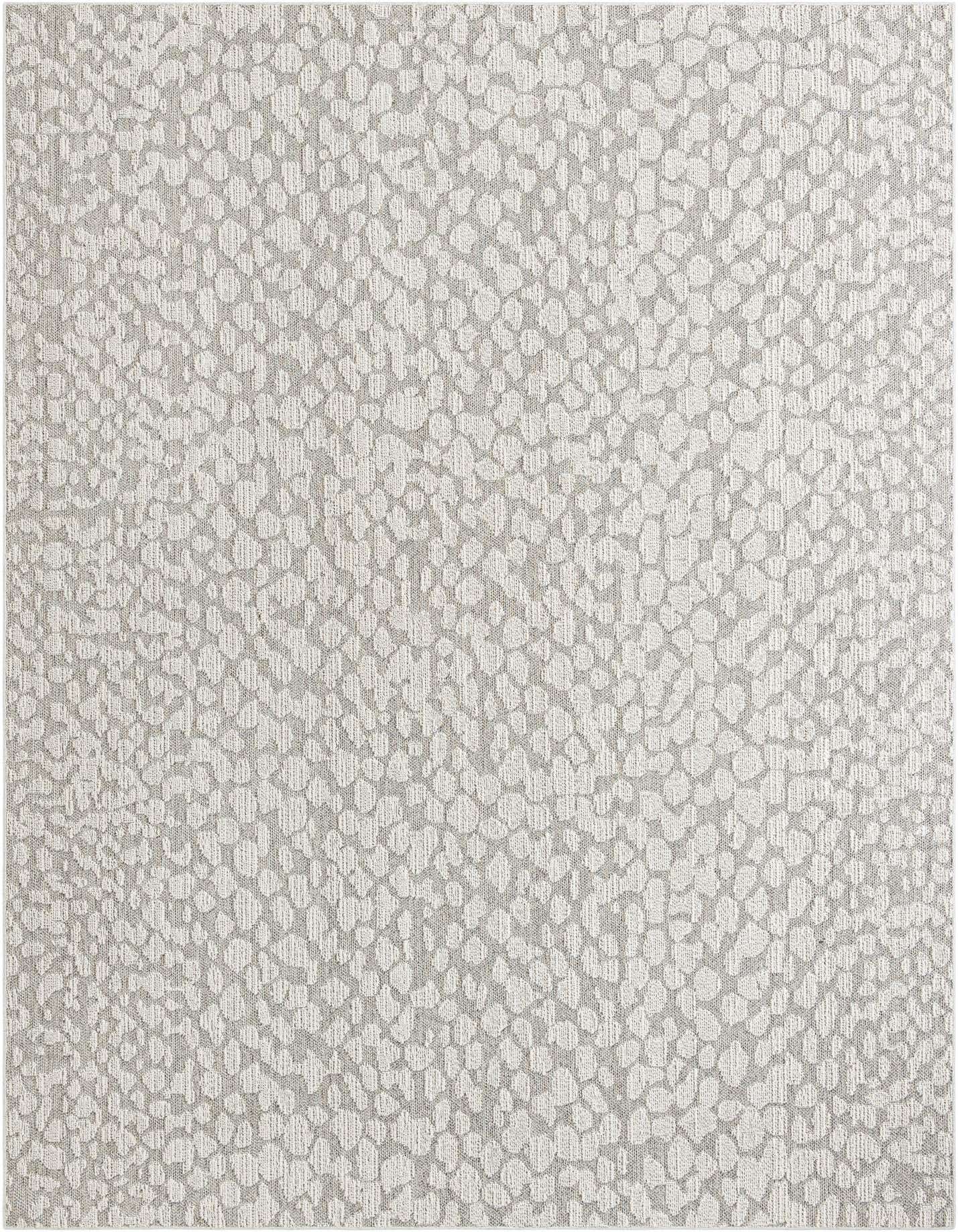 A 10x14 rectangular gray and silver modern abstract rug with a textured, pebble-like pattern, suitable for indoor or outdoor use.