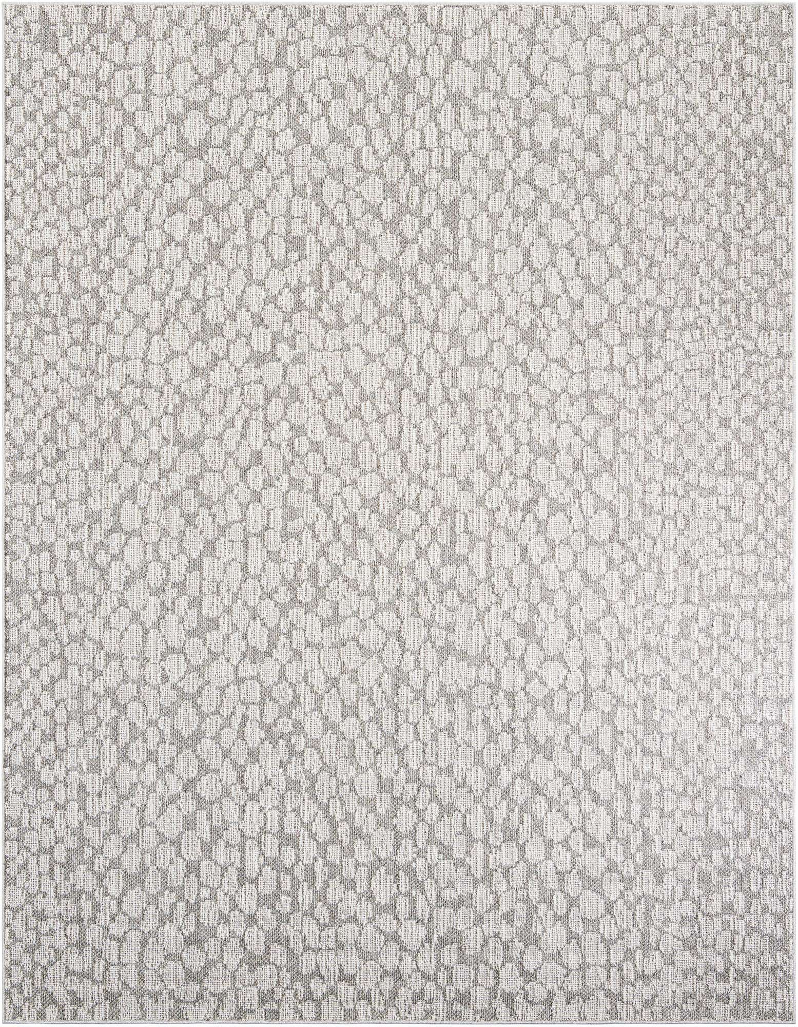 An 8x10 rectangular gray and silver modern abstract rug with a textured, organic pebble-like pattern.