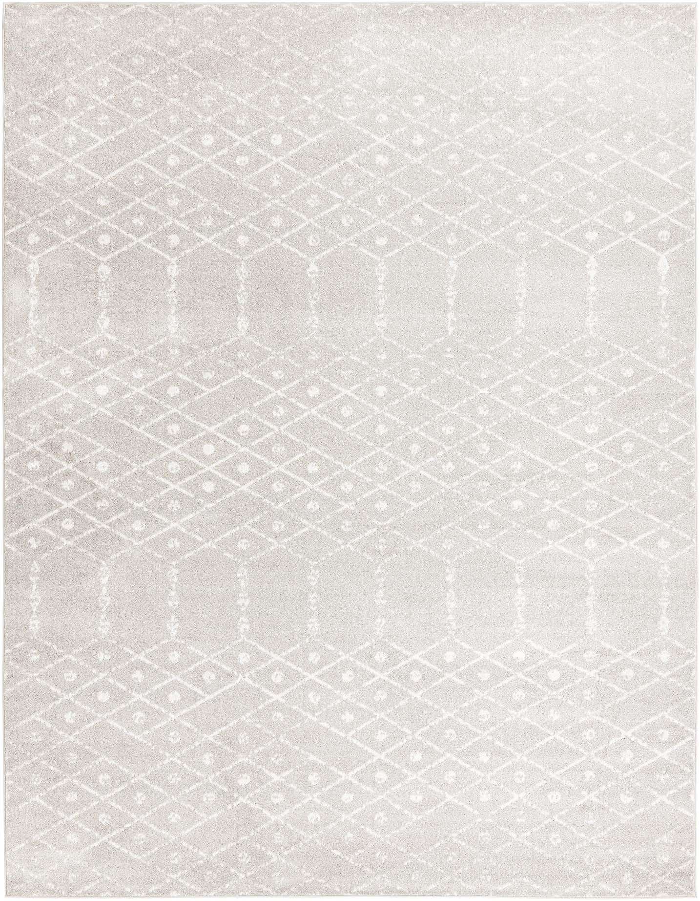A 10x14 rectangular gray area rug with a subtle modern tribal trellis pattern, ideal for an indoor living space.