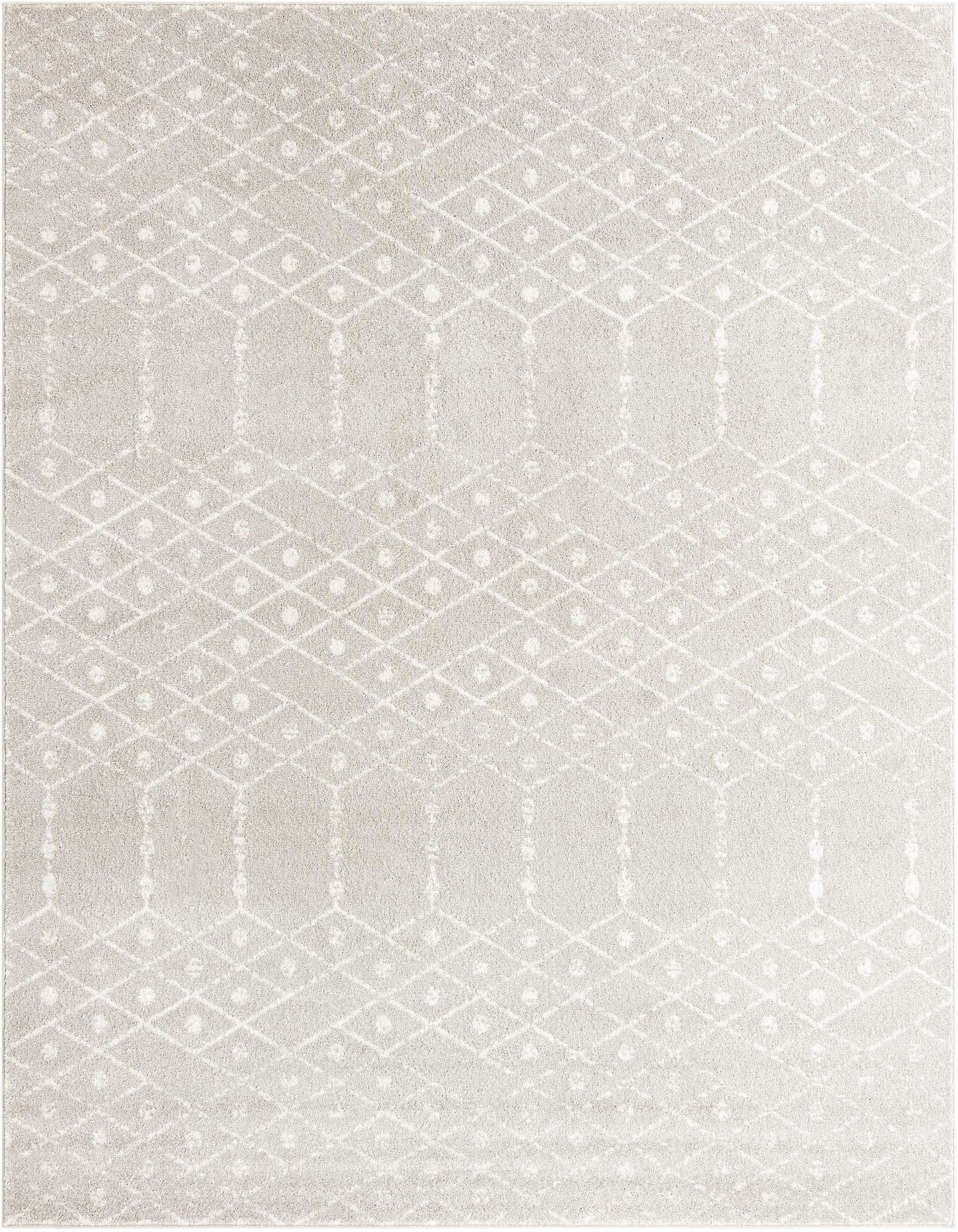 A rectangular 8x10 gray area rug with a modern tribal trellis pattern of white lines and dots.