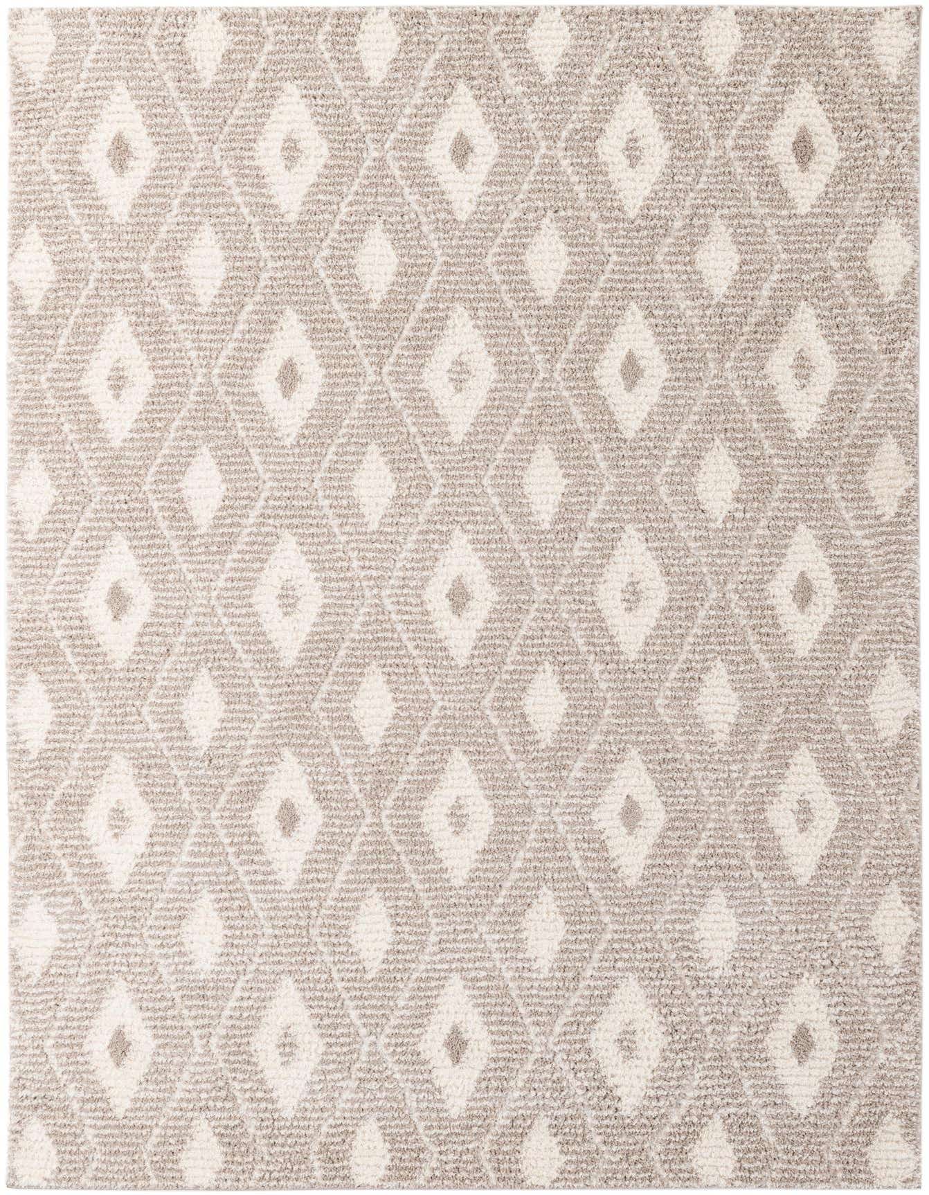 A 5x8 rectangular gray shag rug with a modern diamond pattern in lighter gray and off-white tones.