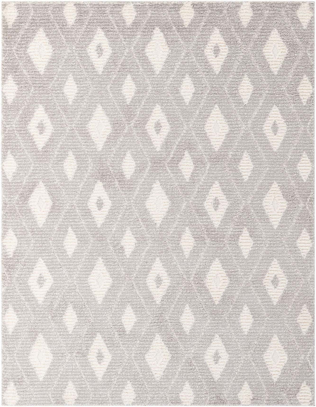 A 5x8 rectangular gray shag rug with a modern diamond pattern in lighter gray and off-white tones.