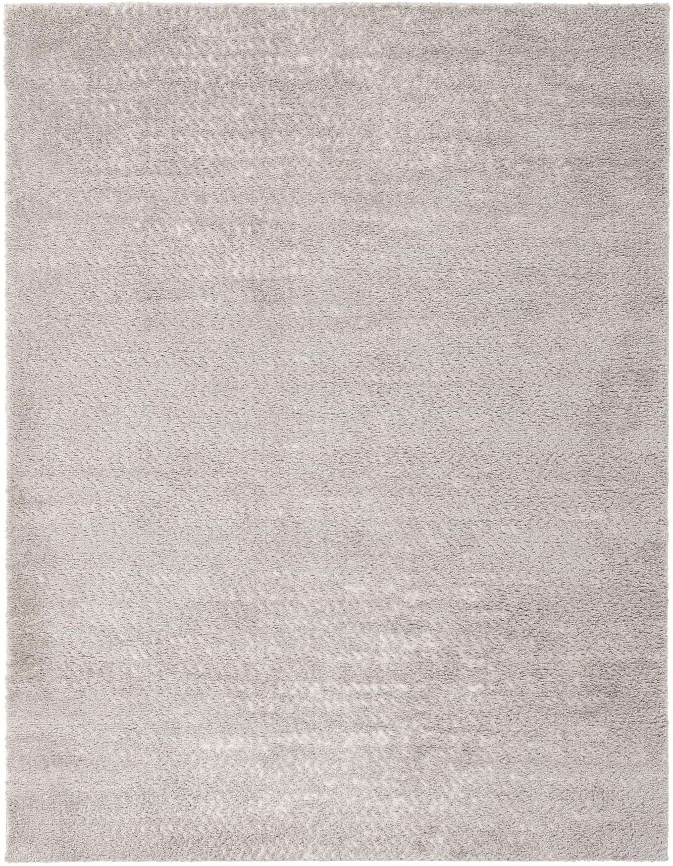 A 5x8 rectangular gray shag rug with a subtle abstract pattern, perfect for a modern living room.