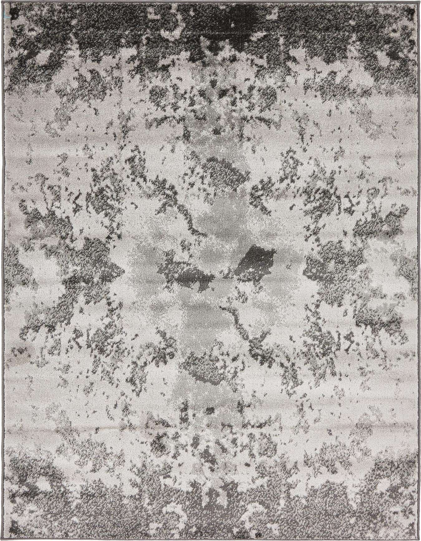 A 4x6 rectangular gray and silver abstract rug with a distressed, vintage-industrial pattern, suitable for a modern living room.