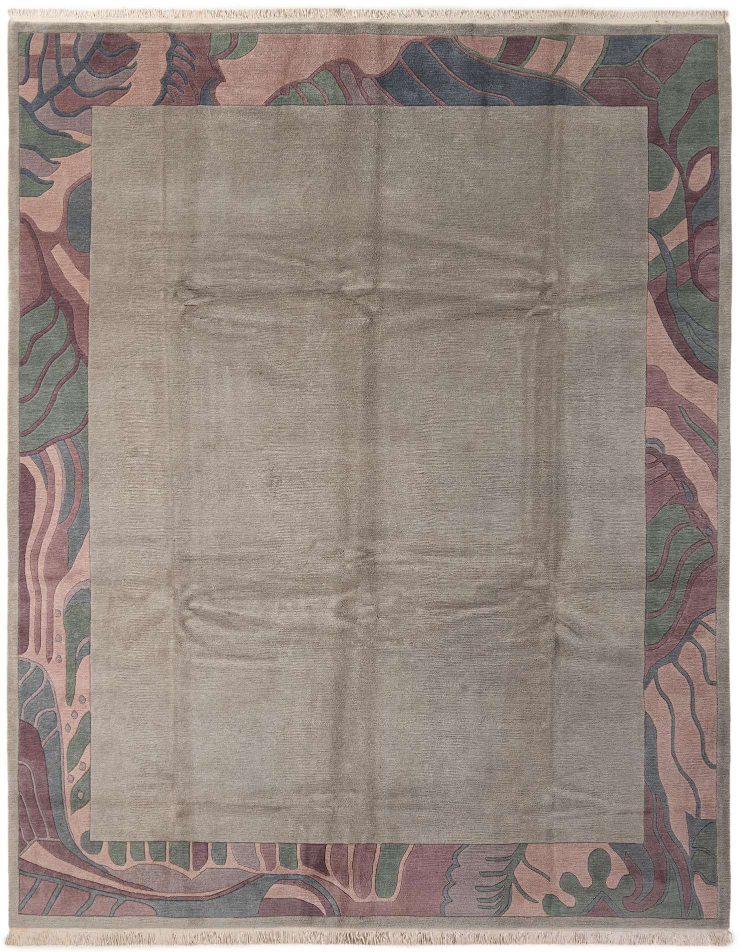 A 10x13 rectangular gray wool area rug with a modern abstract border in muted pink, green, and blue tones.