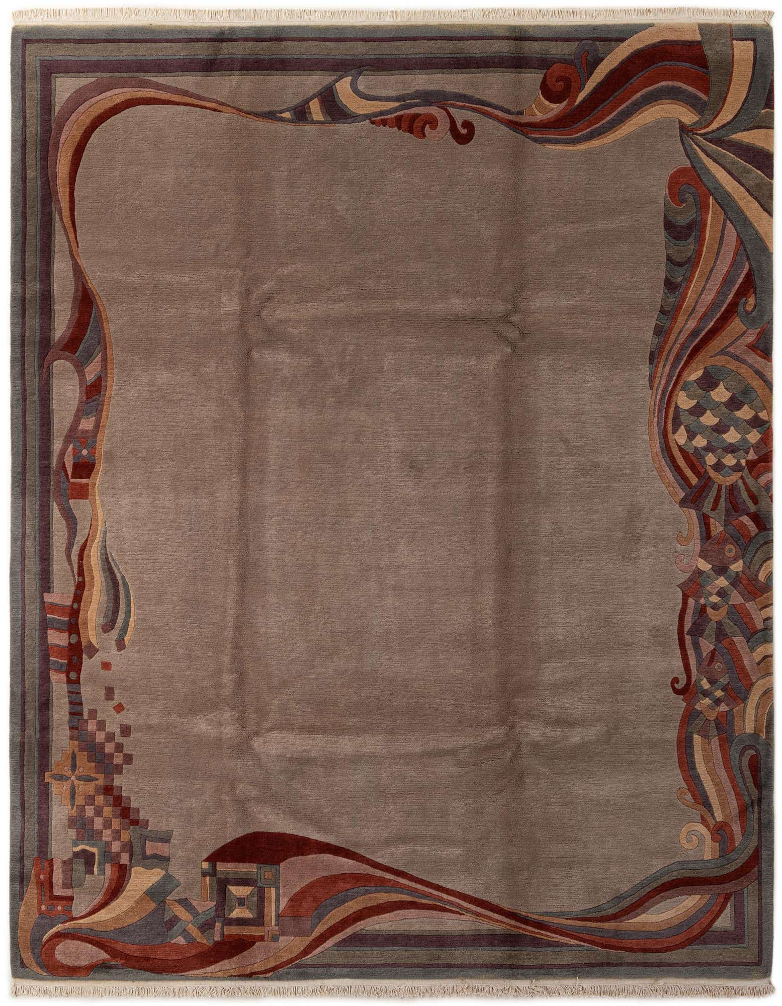 An 8x10 rectangular gray wool rug featuring a vibrant, abstract border in red, blue, and tan, perfect for a modern living room.