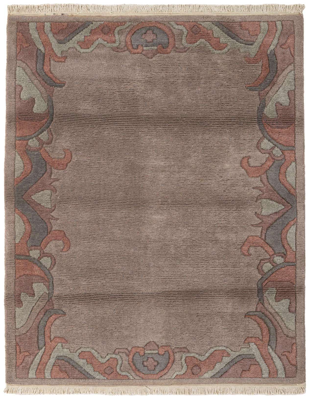 A 4x6 rectangular gray wool rug with a modern oriental abstract border in shades of gray, silver, and muted red.