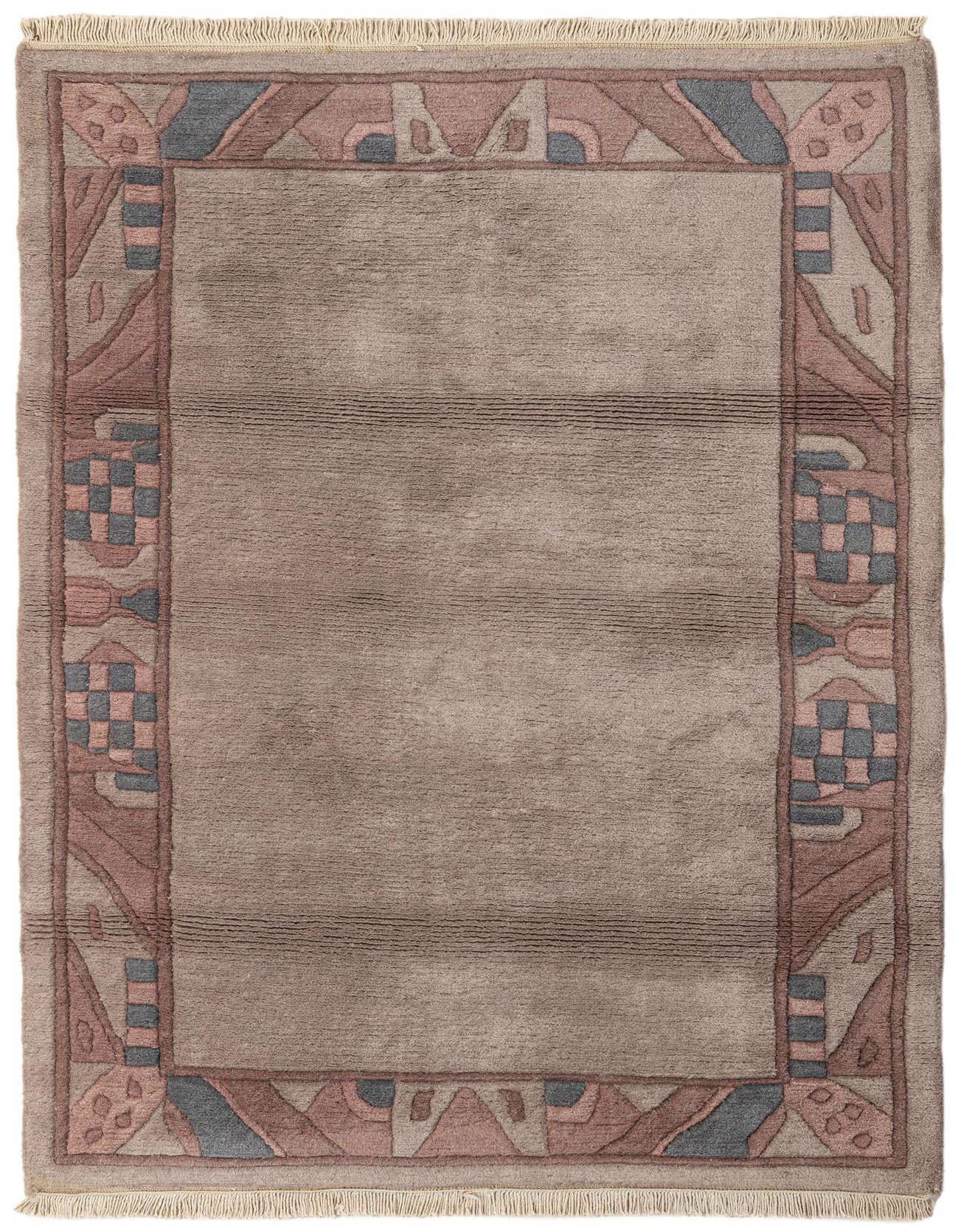 A 4x6 rectangular gray wool rug with a modern abstract border in muted pink, blue, and gray tones, featuring fringe.