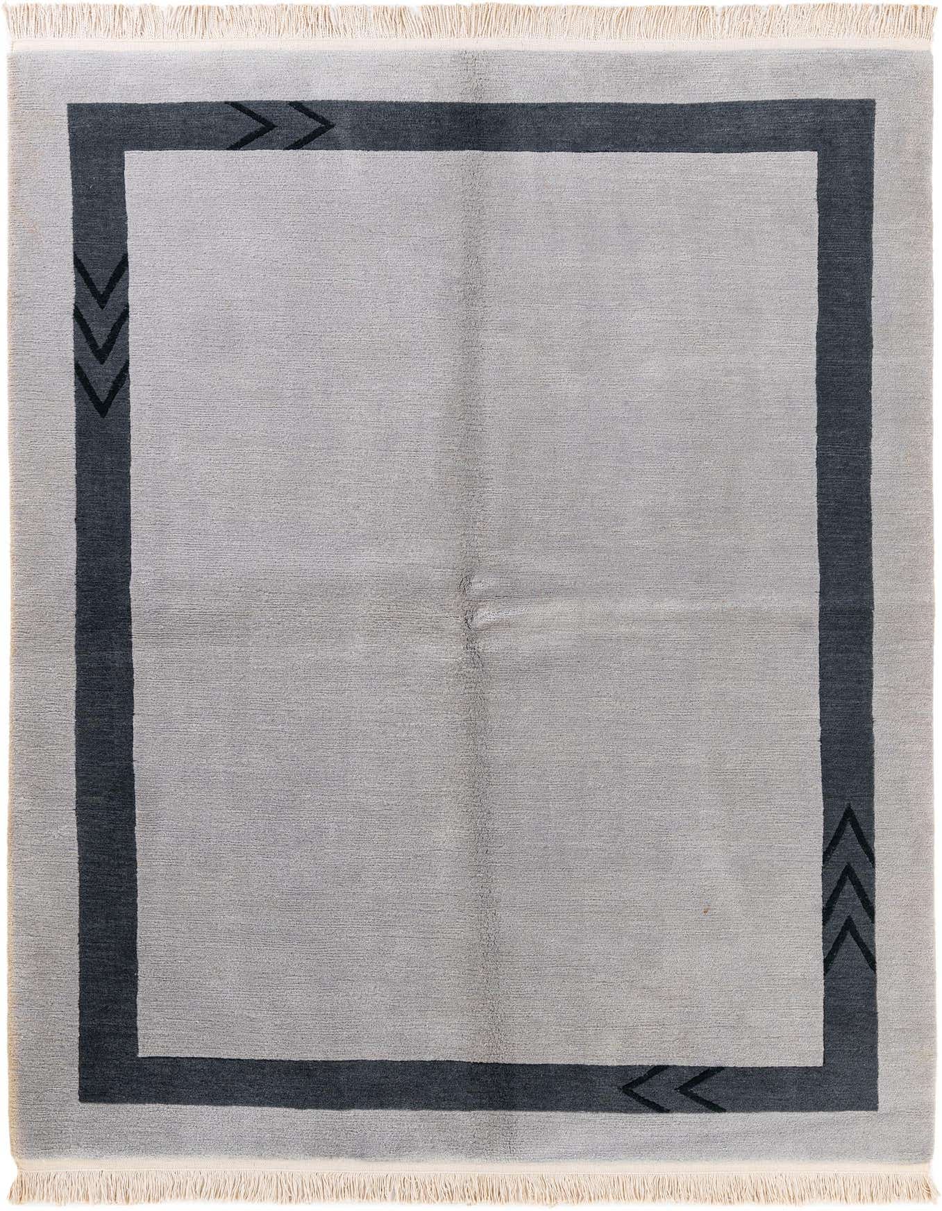 A 5x8 rectangular gray wool rug with a dark gray modern abstract border pattern and fringe.