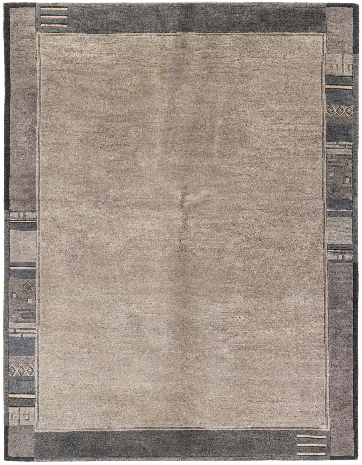 A 5x8 rectangular gray wool rug with a modern abstract border design in varying shades of gray, silver, and beige.