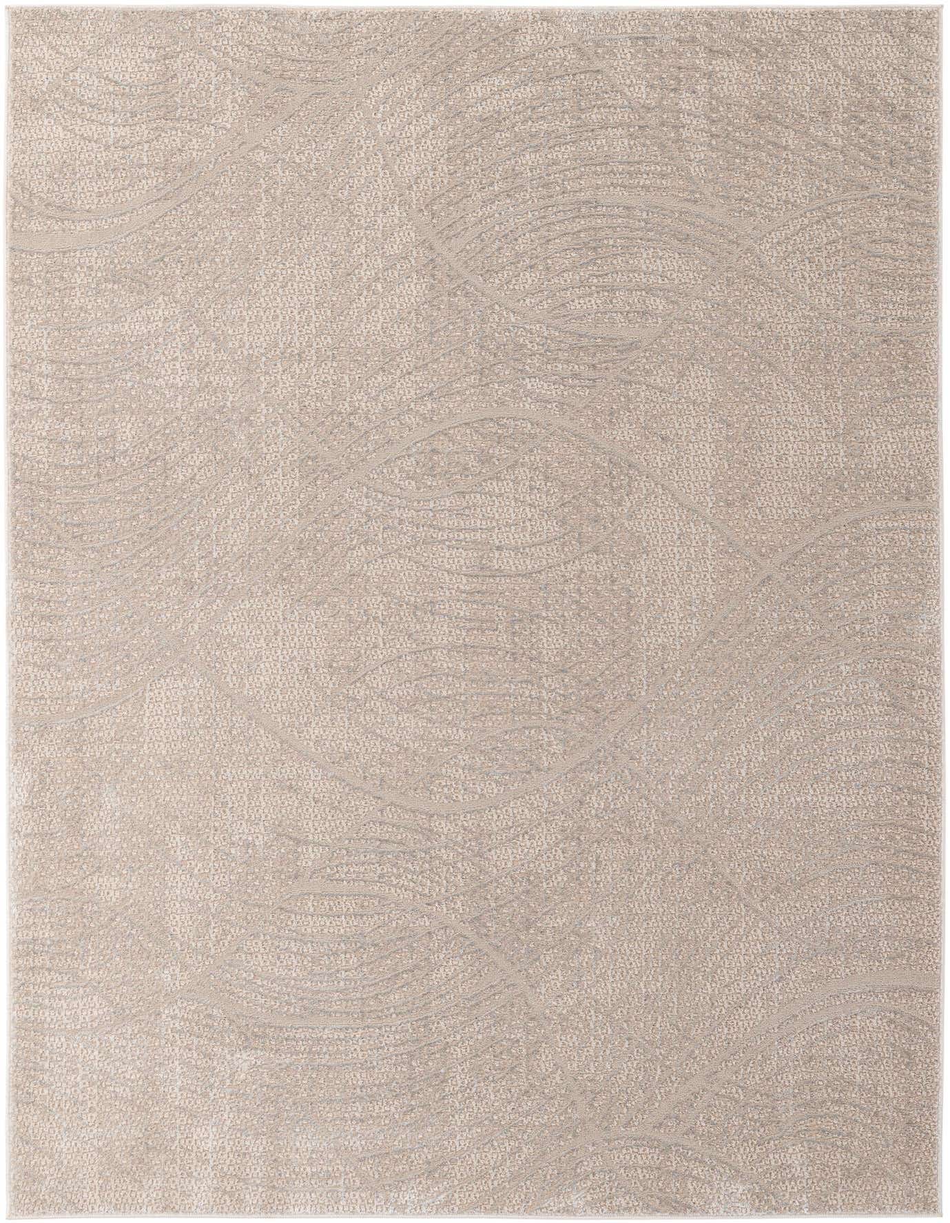 A 5x7 rectangular indoor area rug in shades of gray and silver with a modern abstract wavy pattern.