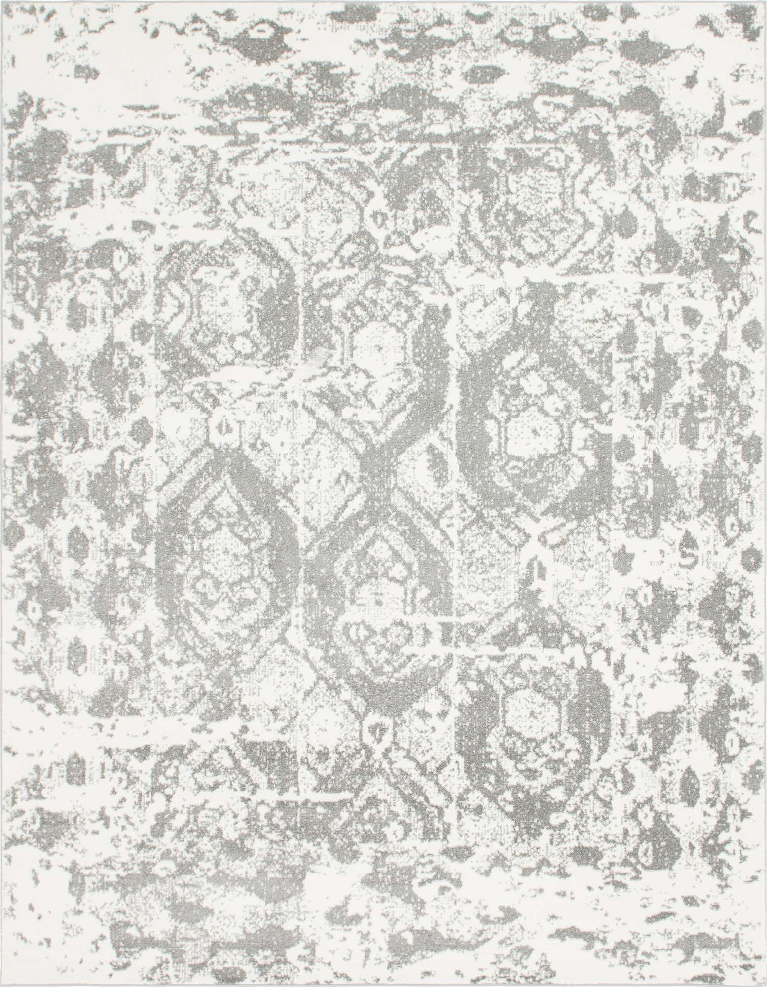 A 9x12 rectangular gray and white shabby-chic area rug with a distressed trellis pattern, suitable for a living room.