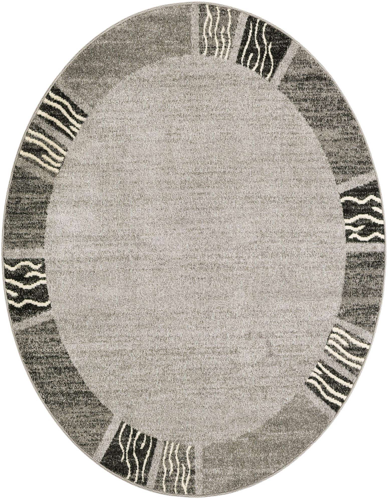 A 6' 0 x 6' 0 round gray area rug with a medium pile, featuring a contemporary border with abstract black and white wavy patterns.