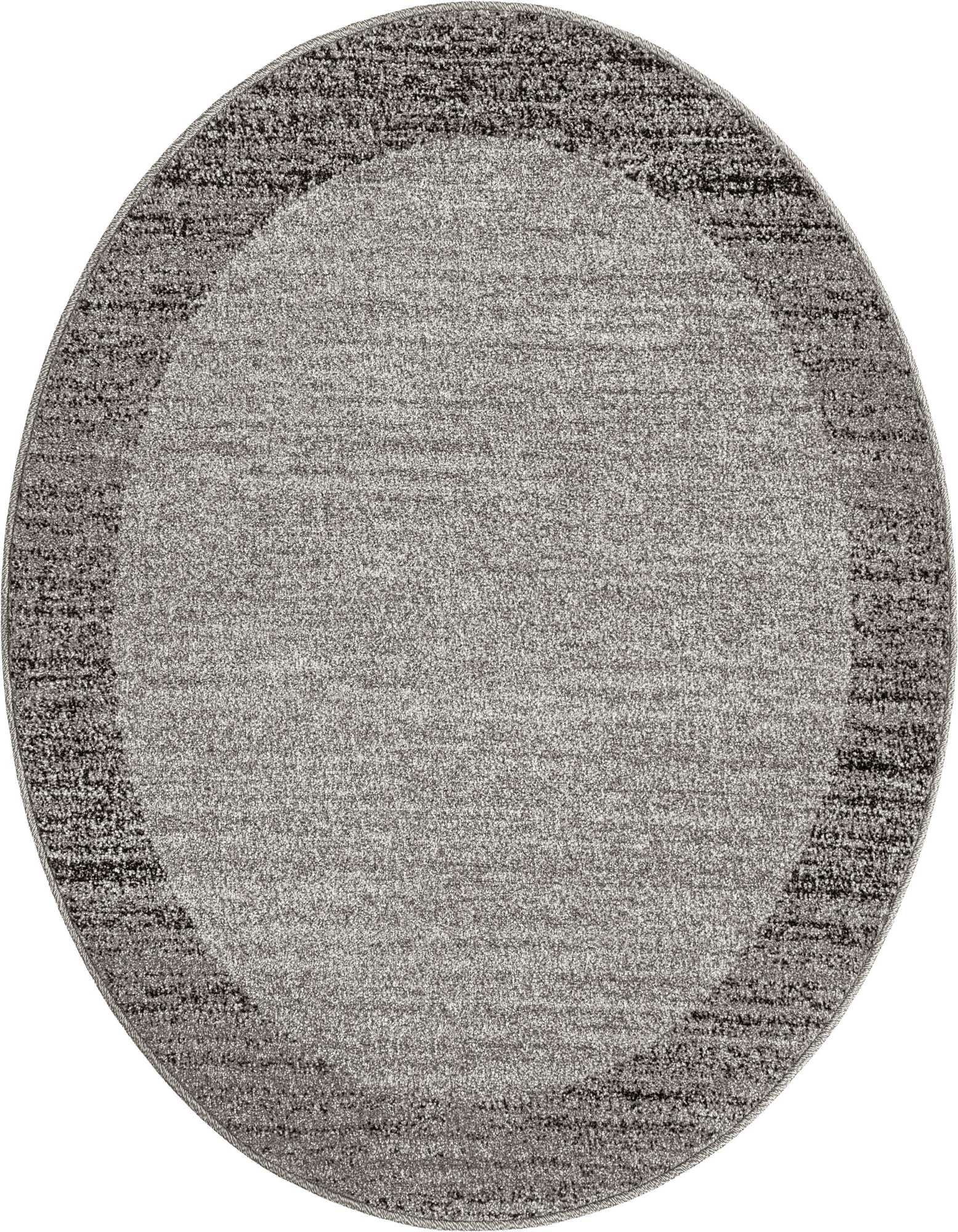 A 4' round gray polypropylene rug with a subtle textured border, suitable for contemporary indoor spaces.
