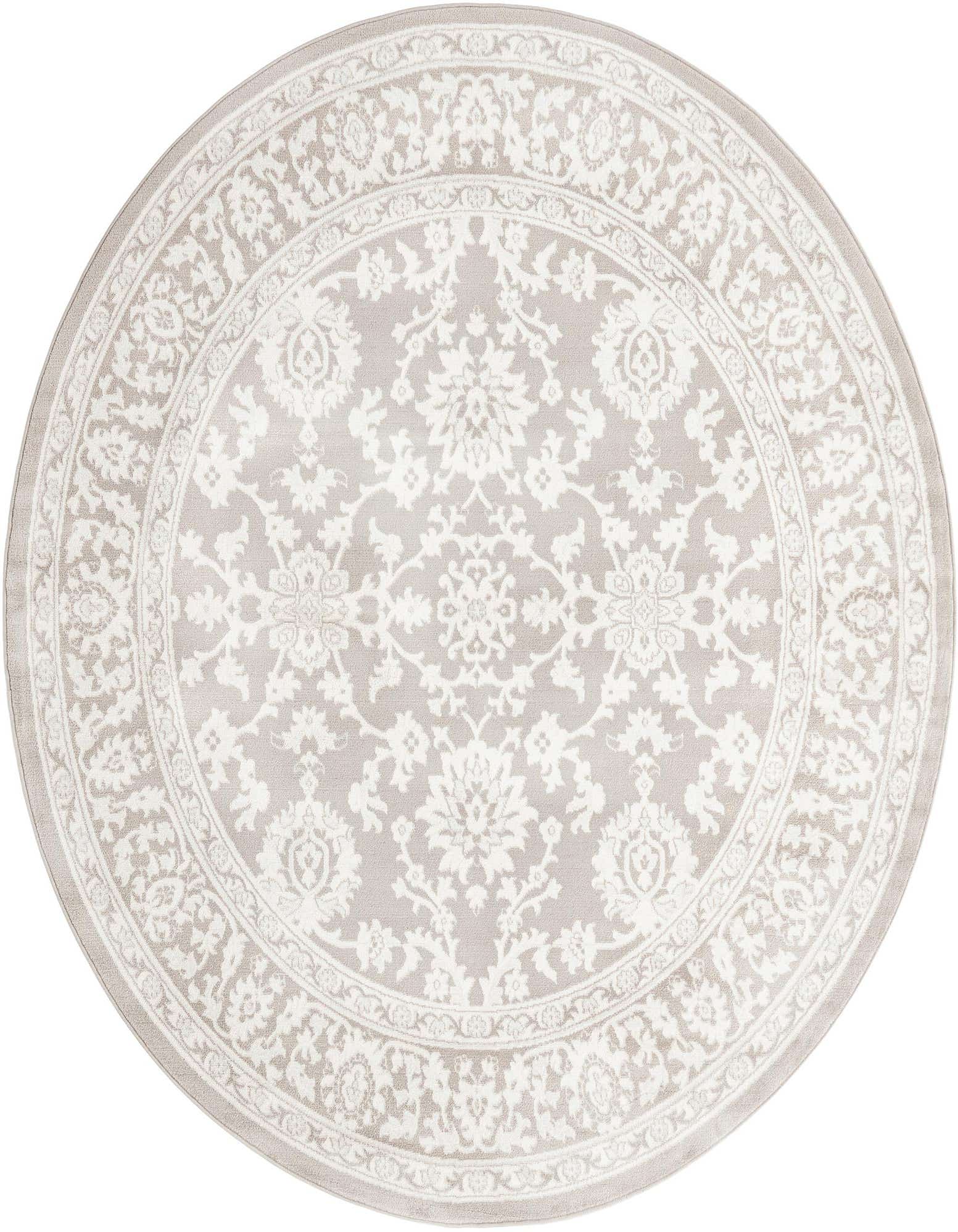 A 7' 10 round gray traditional rug with an intricate white floral and oriental pattern and a decorative border.