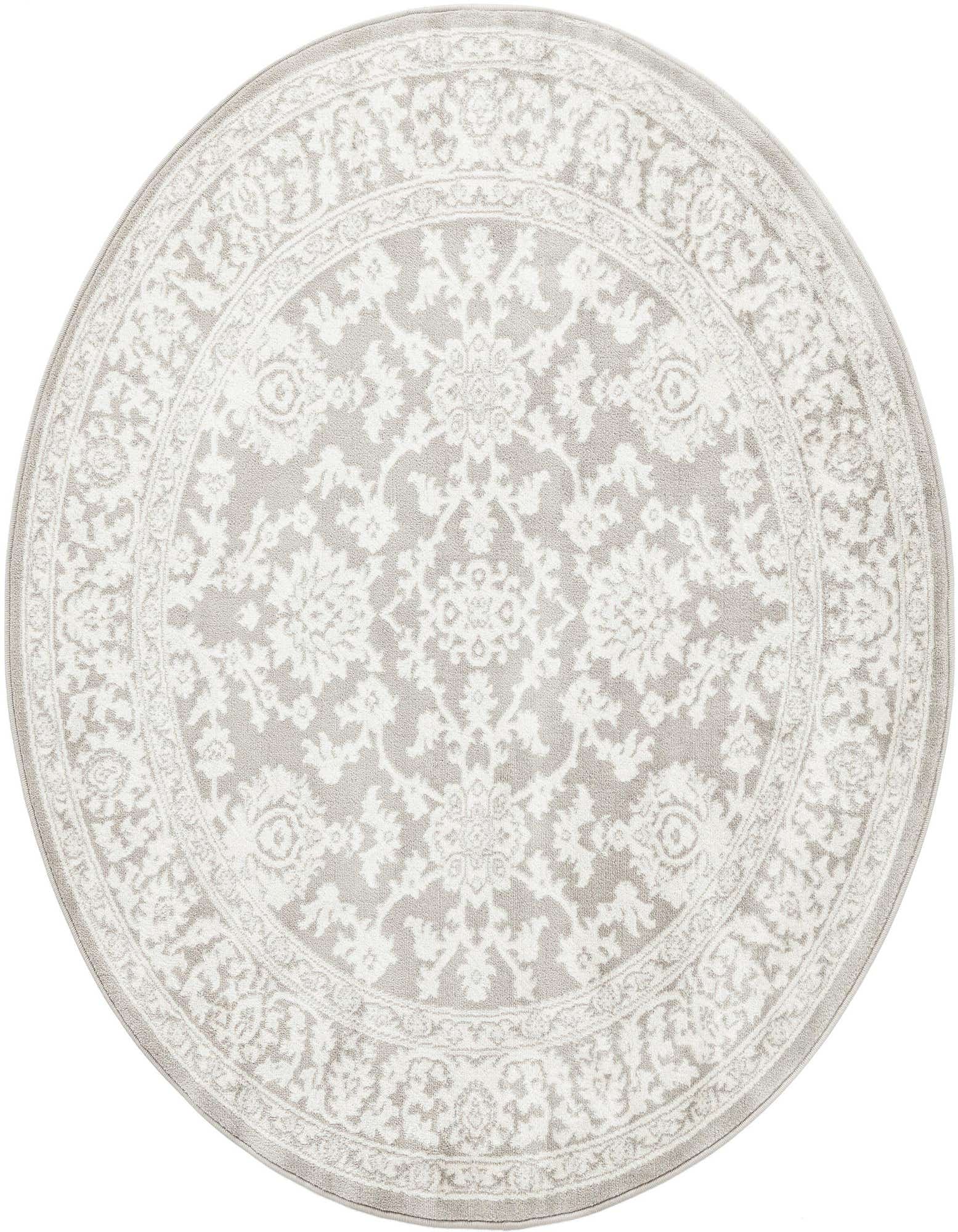 A 5' 3 round gray traditional area rug with an intricate white floral and oriental pattern, suitable for indoor spaces.