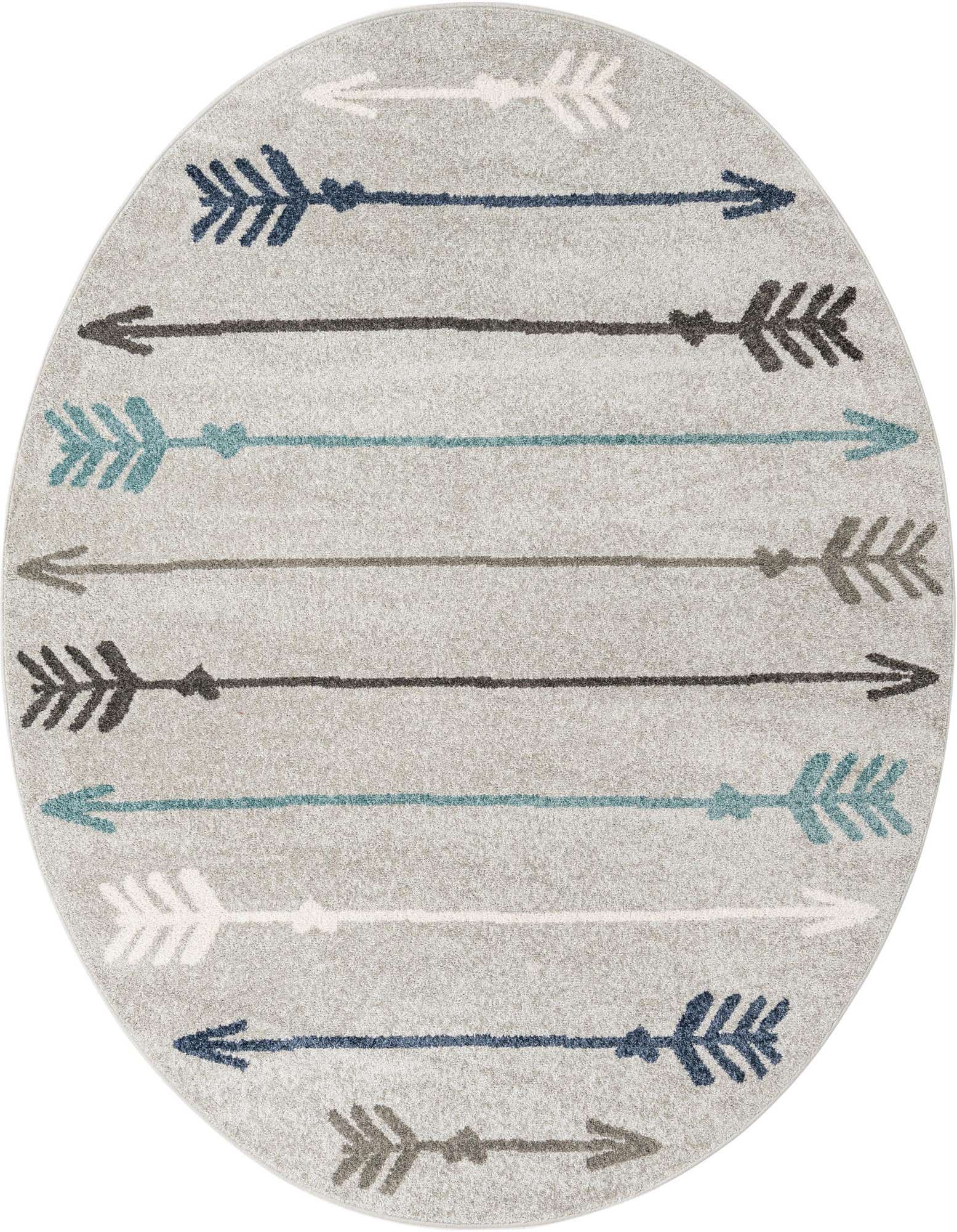 A 7' 10 round gray rug with an eclectic arrow pattern in shades of blue, teal, white, and brown.