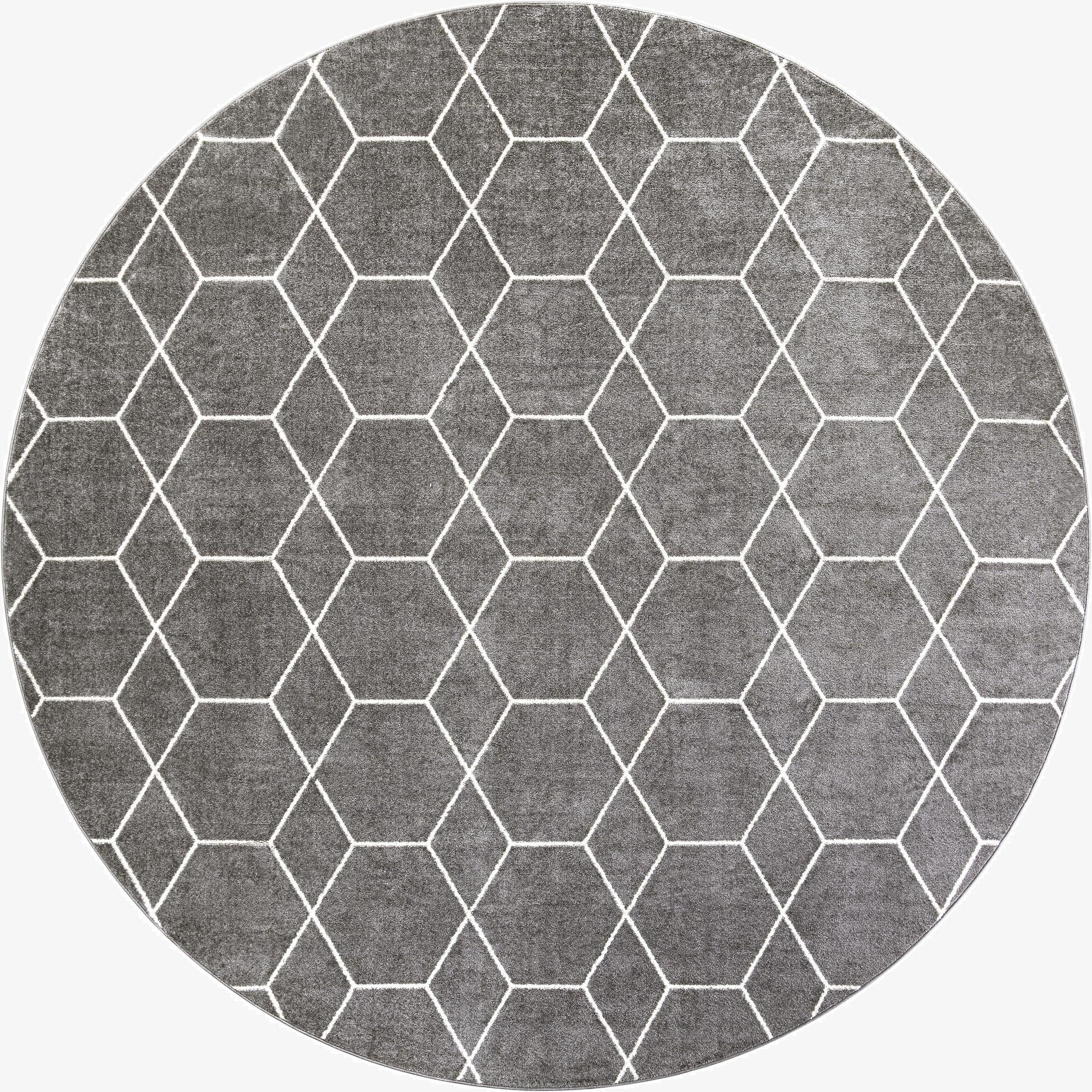 A 12' round gray area rug with a modern white geometric trellis pattern, suitable for a living room or bedroom.