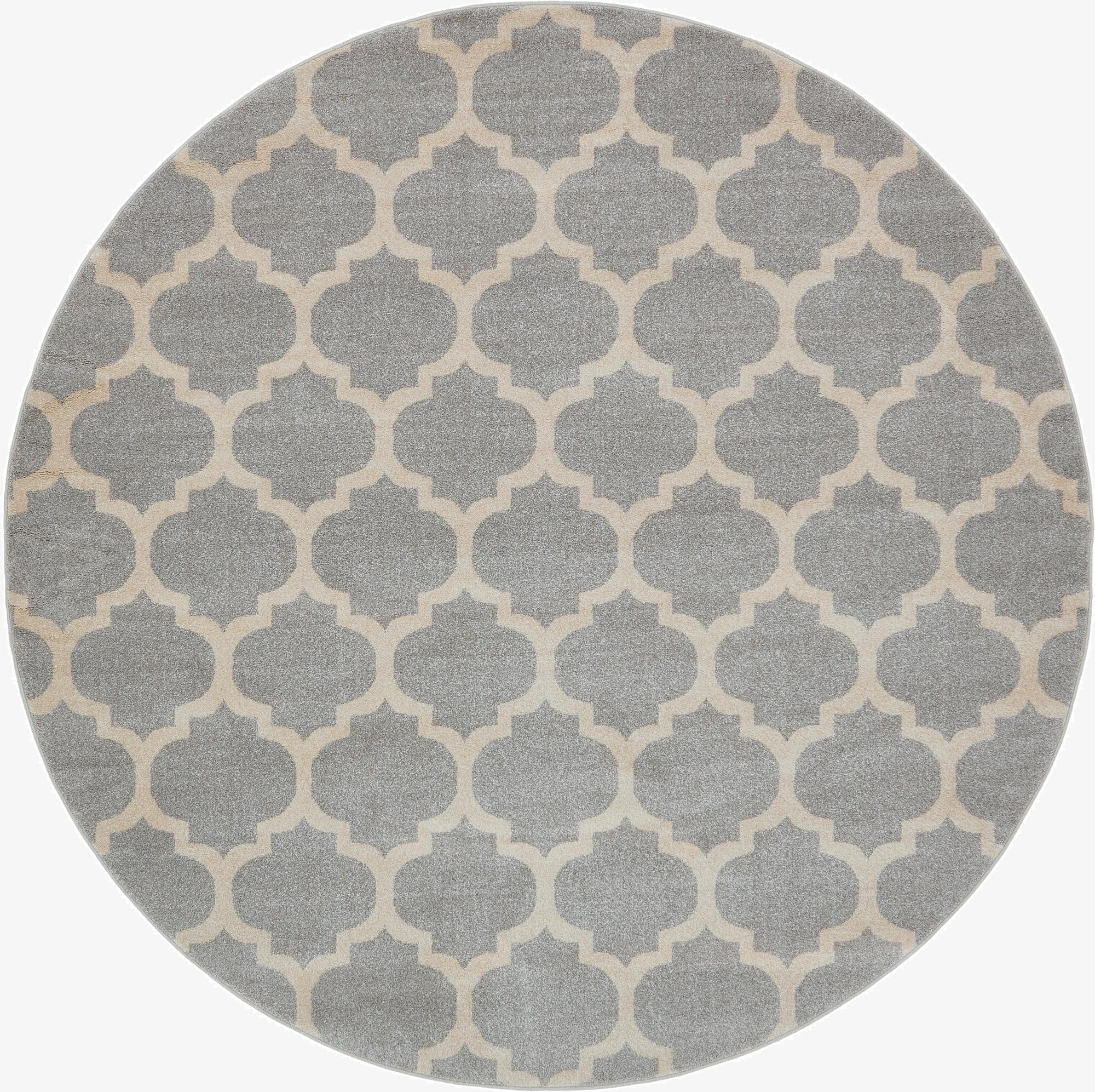 A 7' 10 round gray rug with a cream modern trellis pattern, suitable for various indoor rooms.