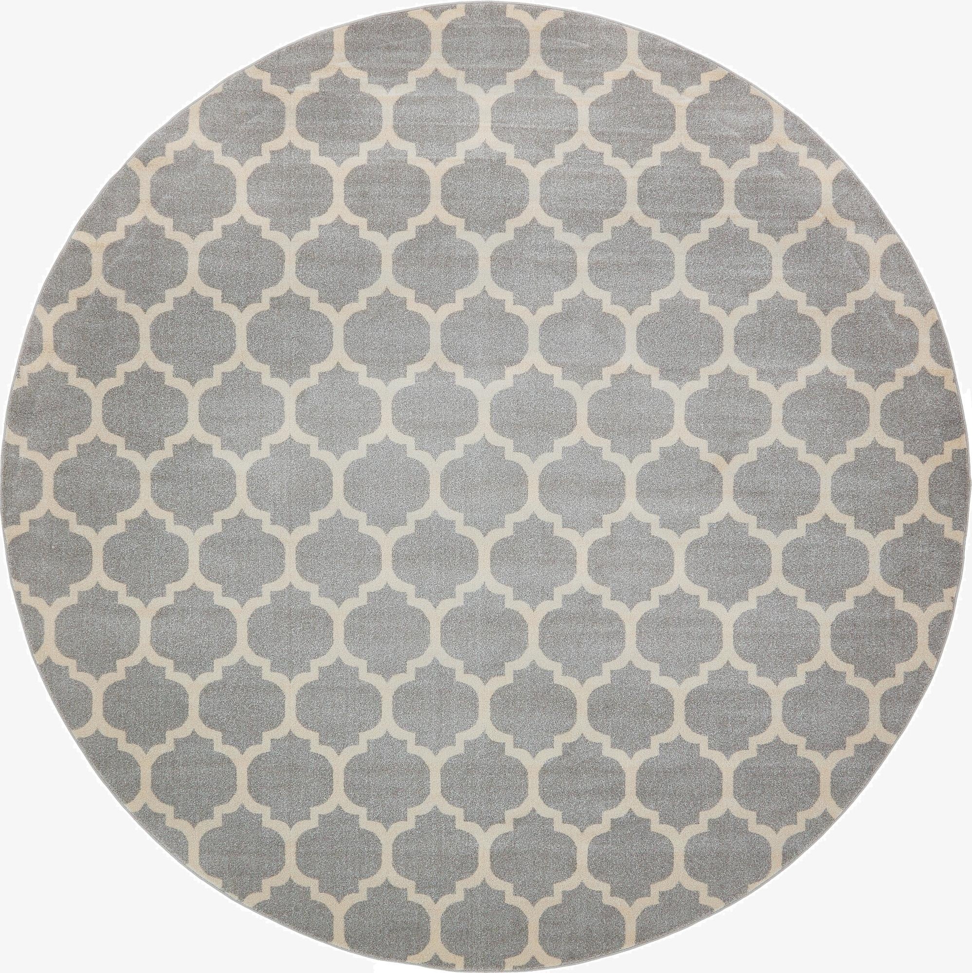A large 12' 2 x 12' 2 round gray rug with a cream modern trellis pattern, suitable for indoor spaces.
