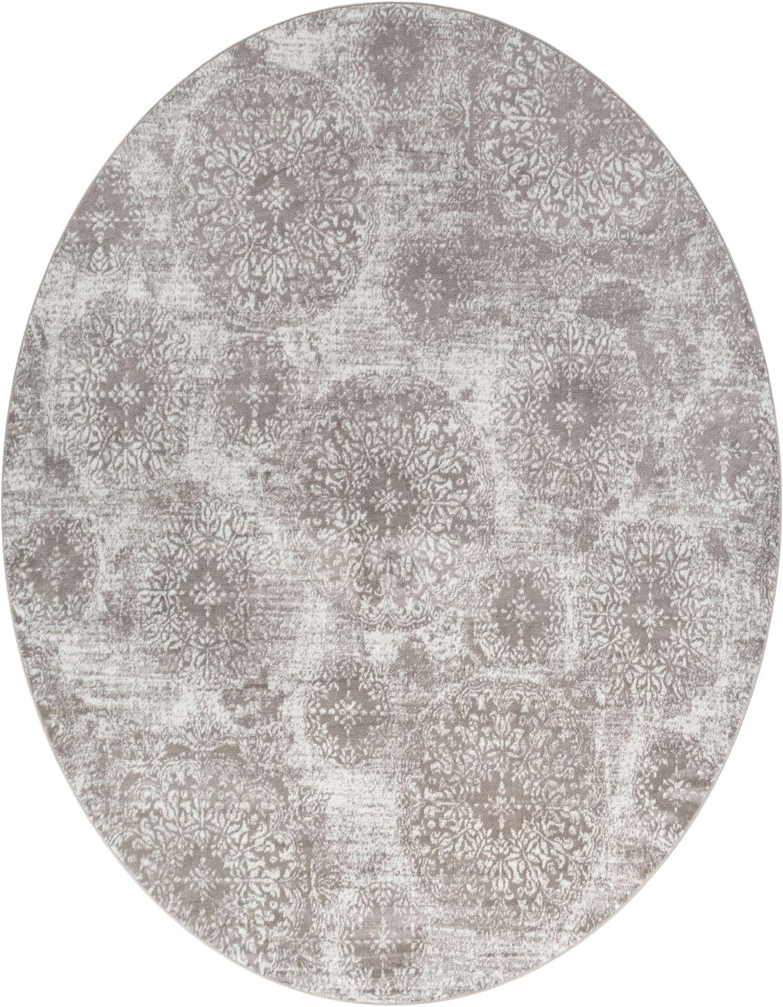 A 13-foot round gray and silver vintage-style rug with an ornate medallion pattern, perfect for an indoor living space.