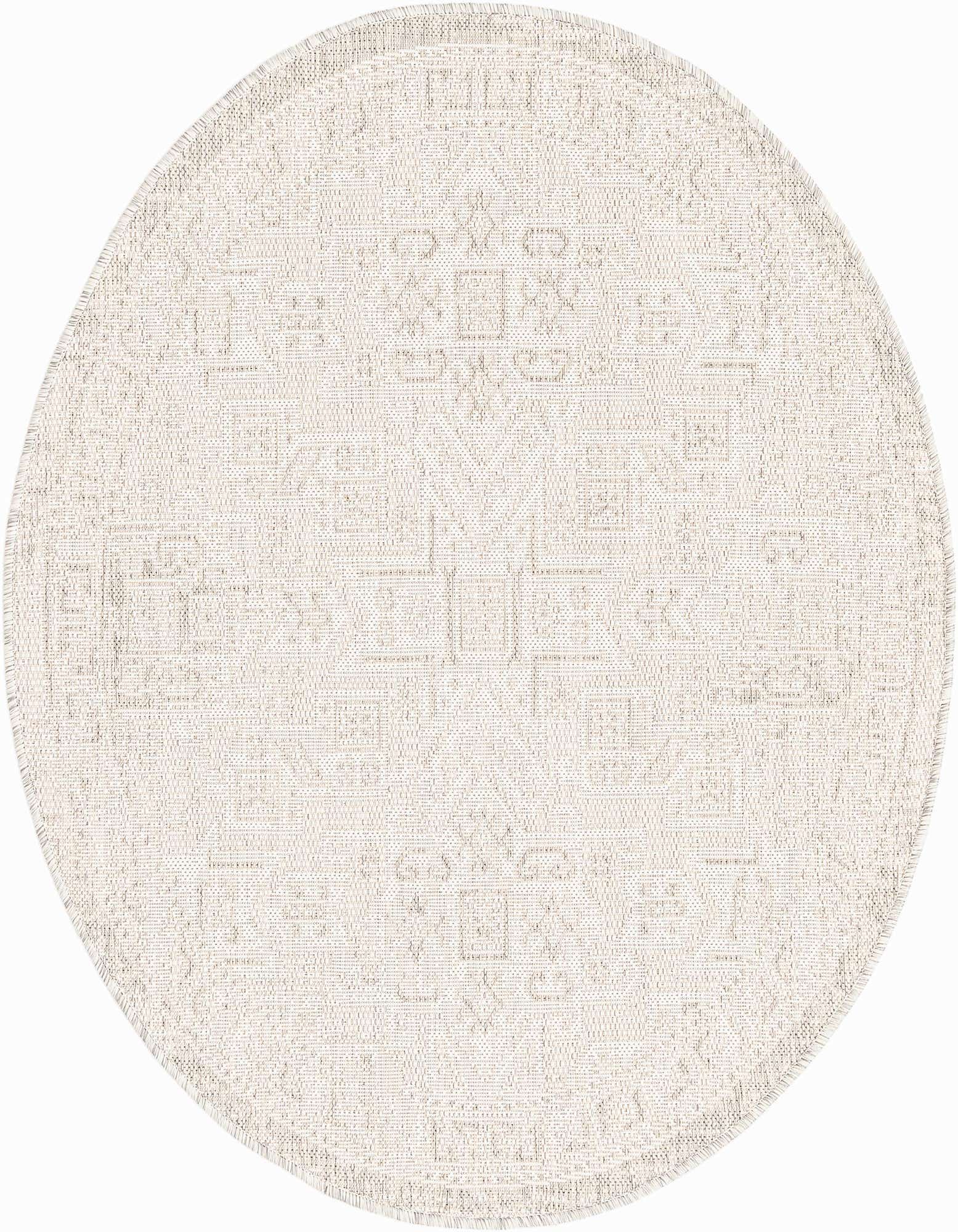 A 4' round gray Southwestern flatweave rug with a subtle tribal pattern, suitable for indoor or outdoor use.