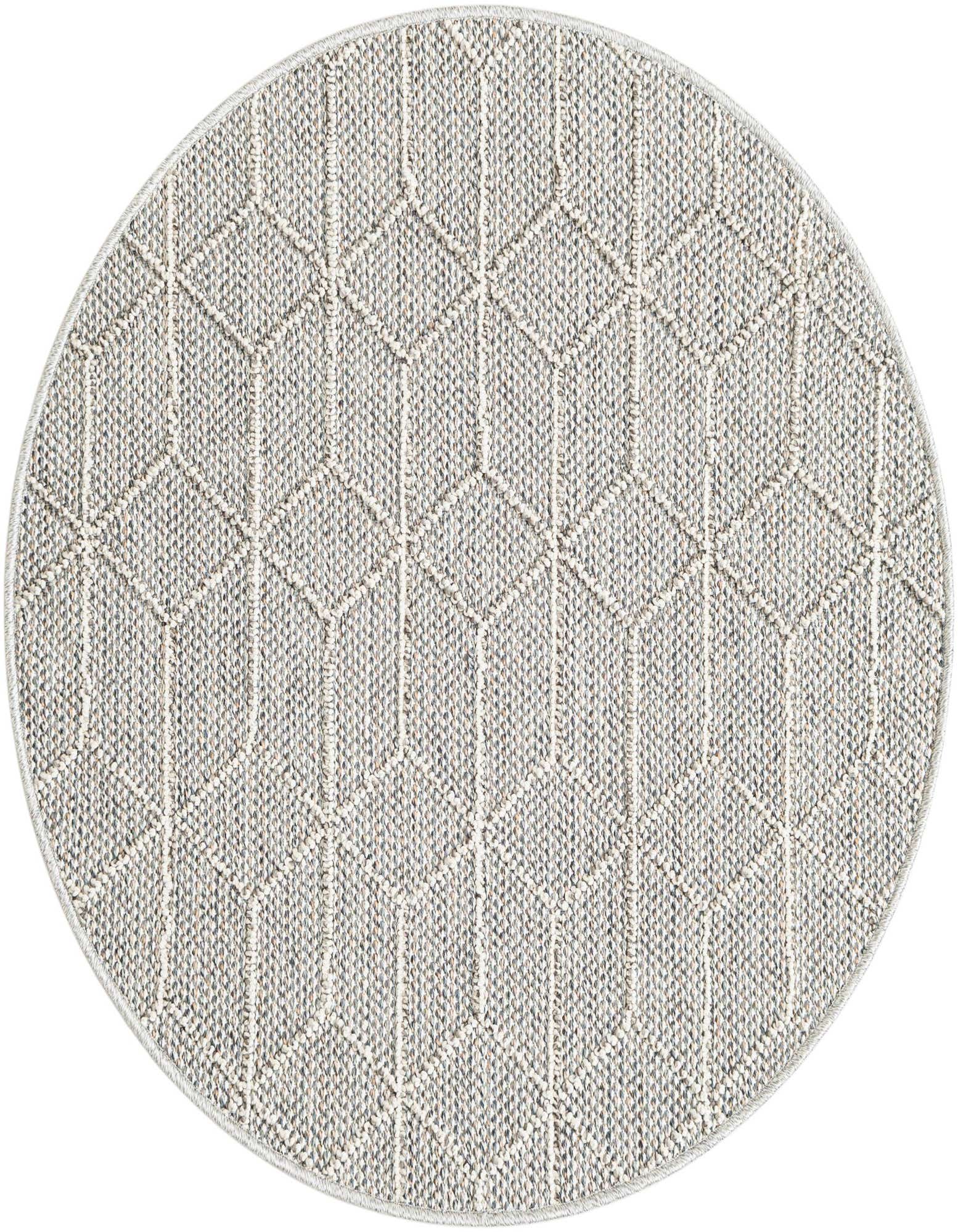 A 3' 1 x 3' 1 round gray polypropylene rug with a modern trellis pattern, suitable for indoor/outdoor use.
