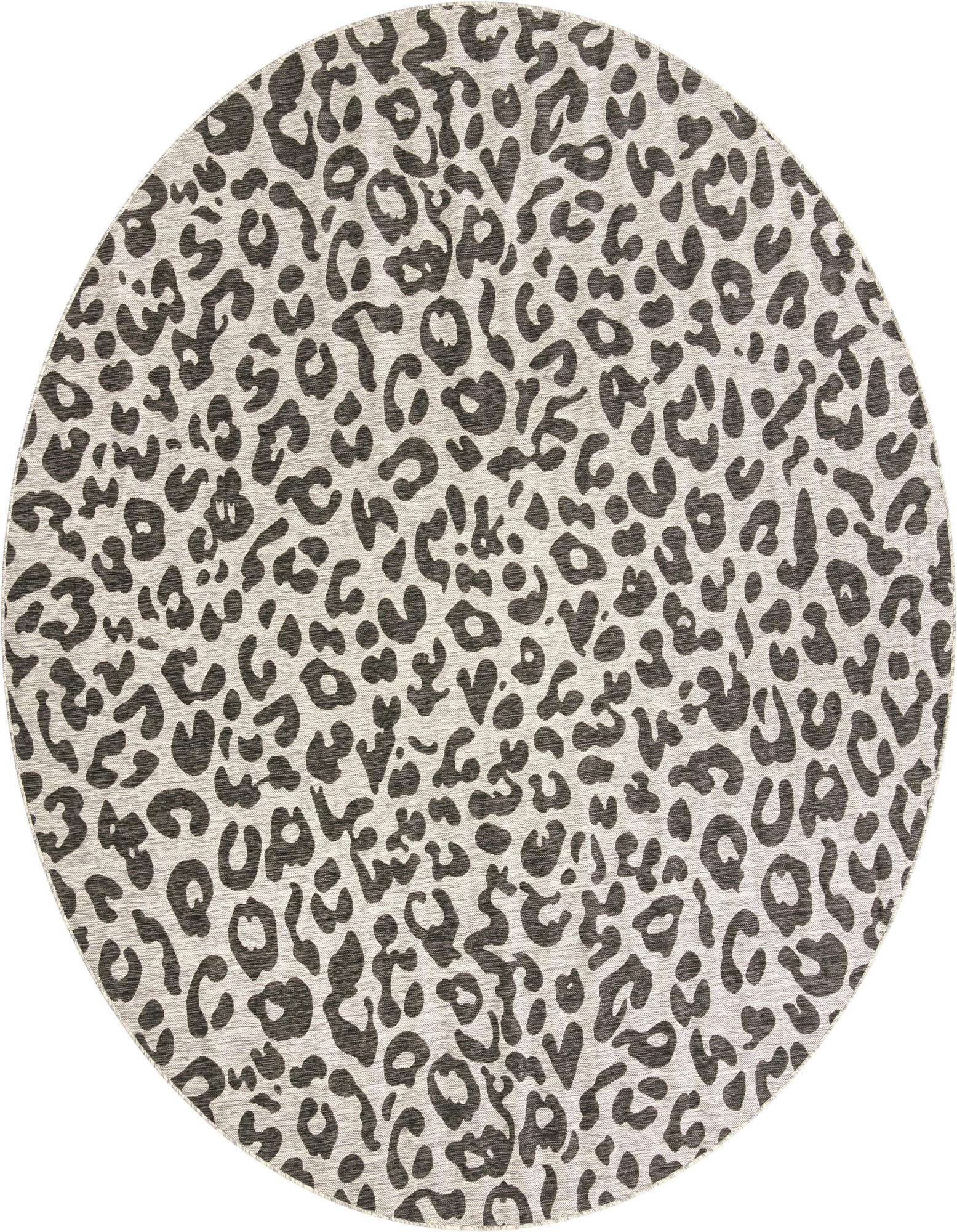A 10' 8 round gray and silver leopard print rug with a flatweave texture, suitable for indoor or outdoor use.
