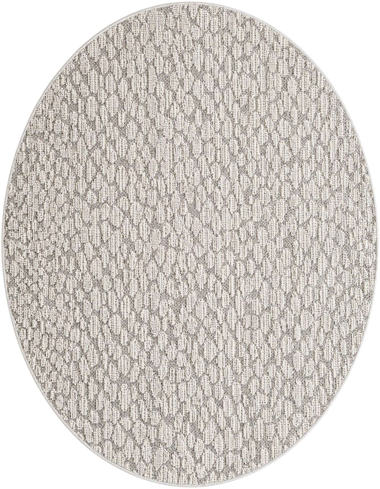 A 5' 3 round gray and silver modern abstract rug, made of polypropylene, suitable for indoor or outdoor use.