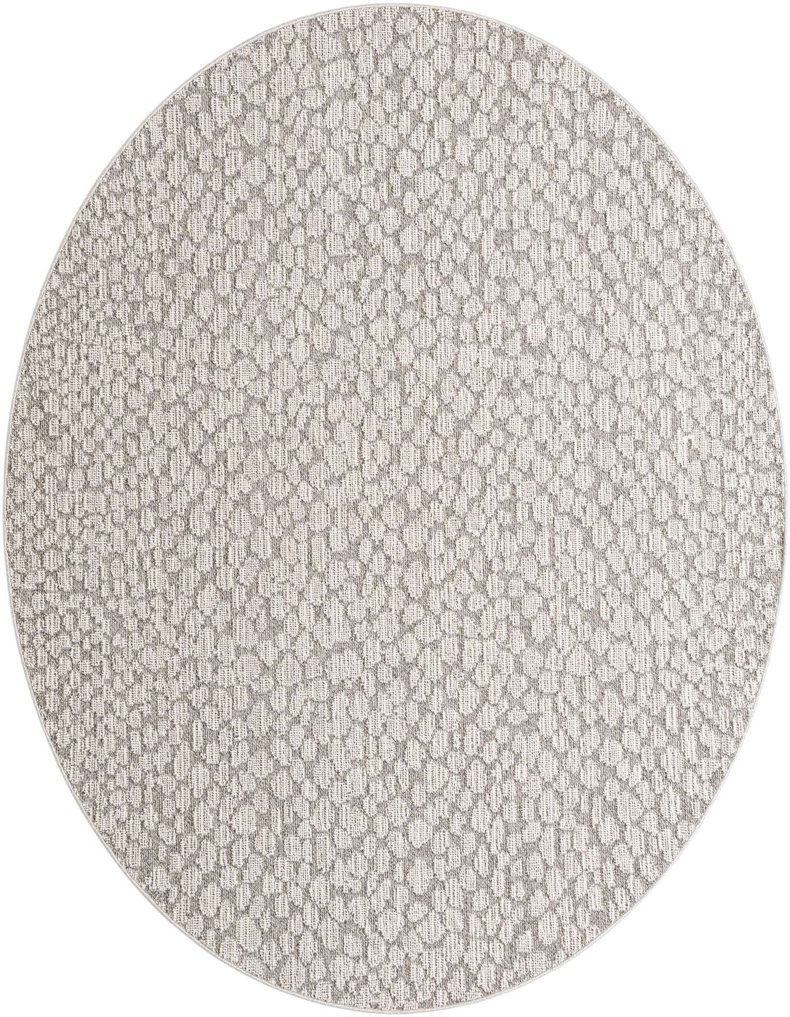 A 7' 10 round gray and silver modern abstract rug with a textured pattern, suitable for indoor/outdoor use.