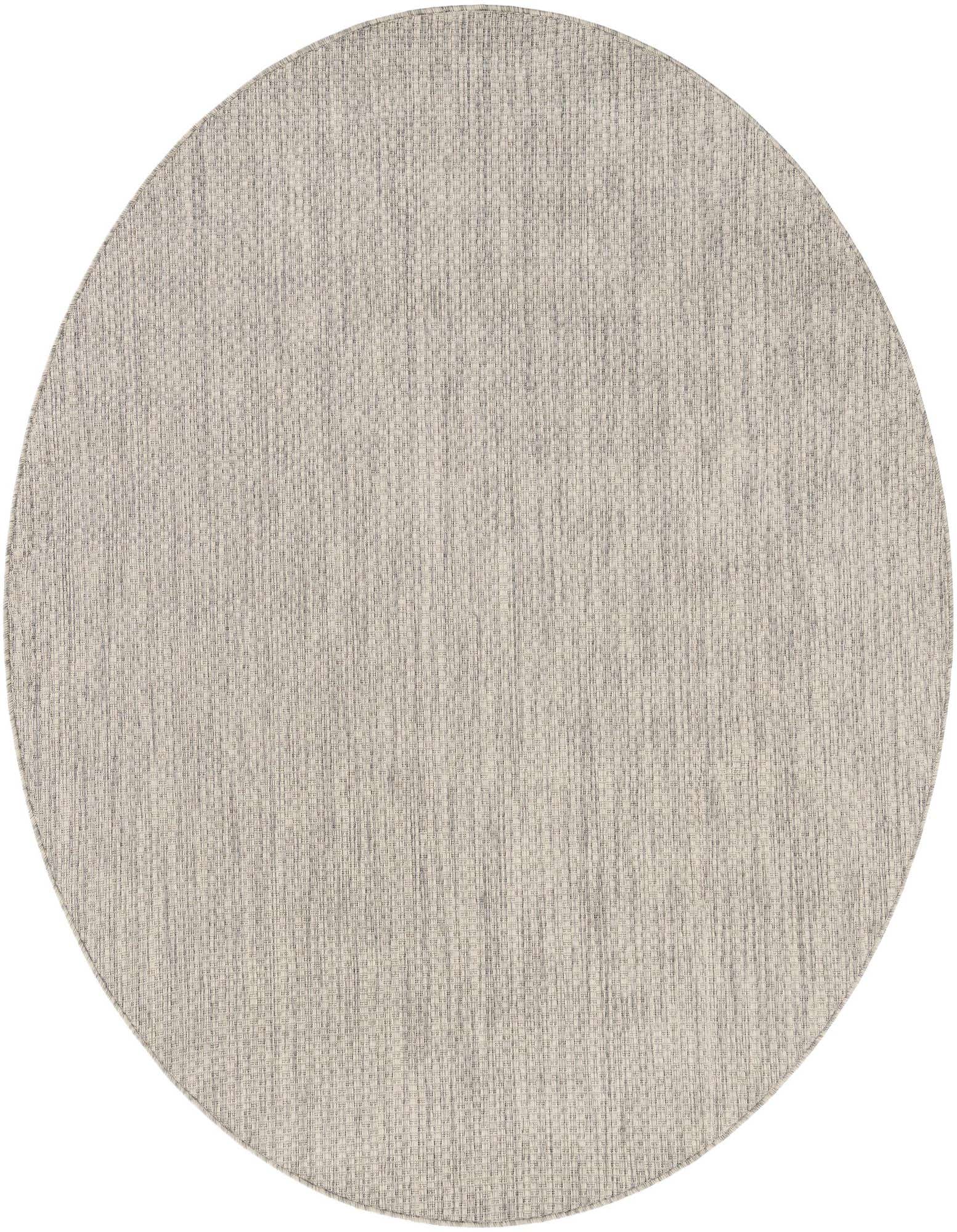 A 6' round gray flatweave rug with a subtle textured modern pattern, suitable for indoor or outdoor use.