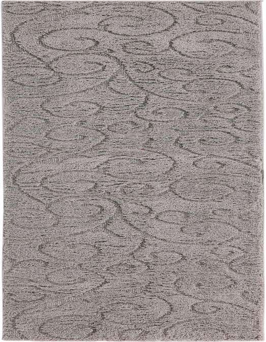 A 10 ft gray runner rug with a subtle high-low textured scroll pattern, ideal for a hallway.