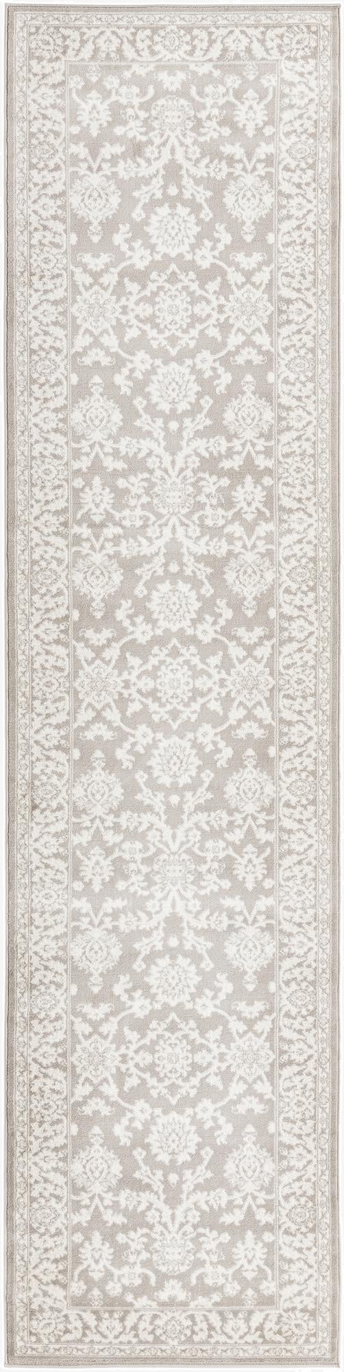 A 13 ft gray runner rug with a traditional white floral and oriental pattern, ideal for a hallway.