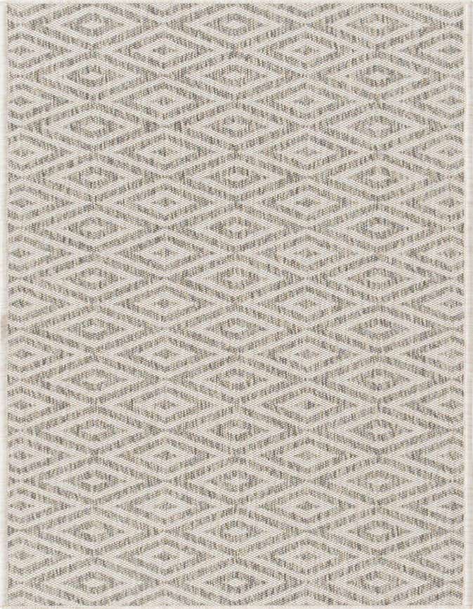 A 6 ft runner rug featuring a gray and silver bohemian trellis pattern, suitable for hallways or patios.