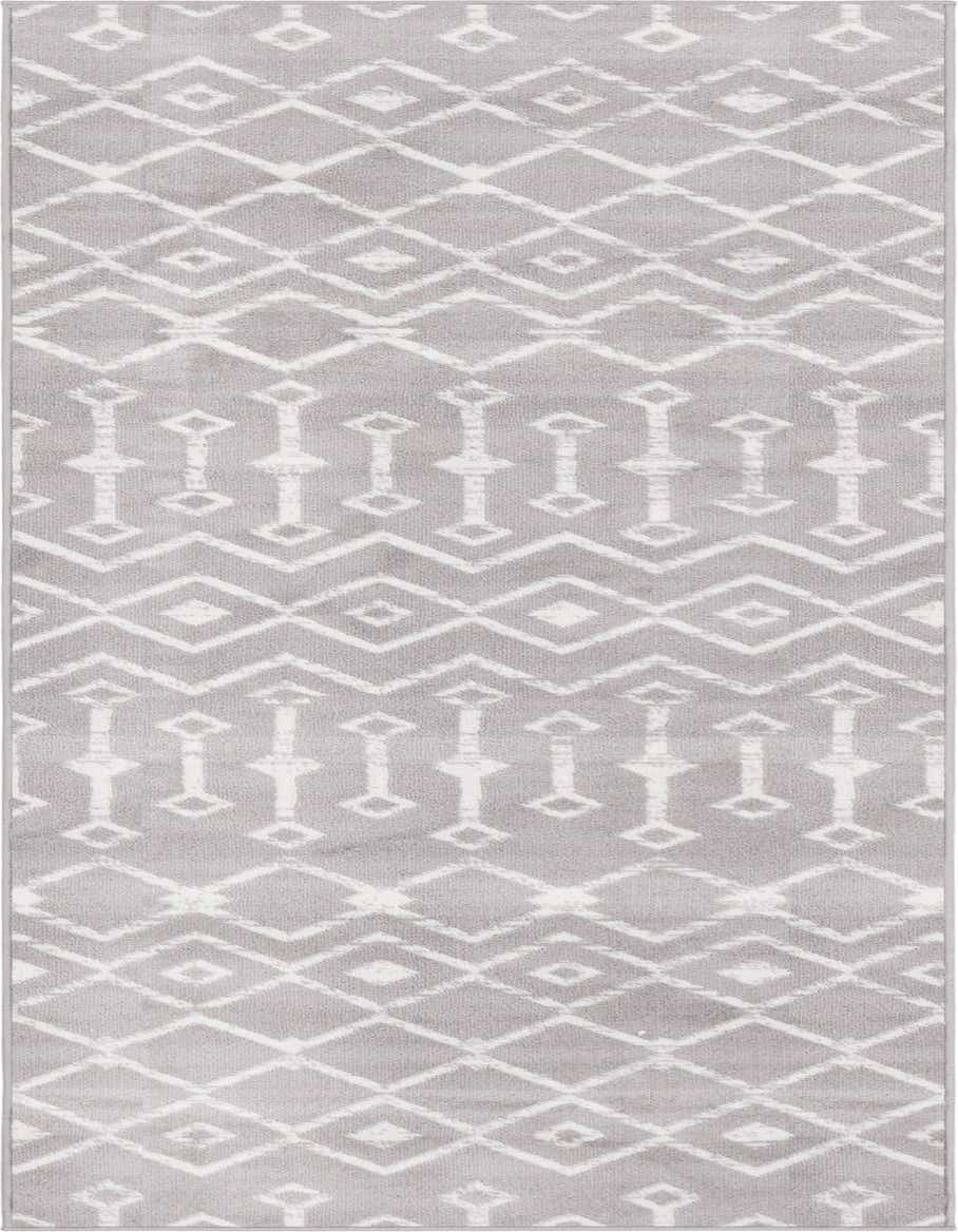 A gray 8 ft runner rug with a modern tribal trellis pattern in white, ideal for a hallway or kitchen.