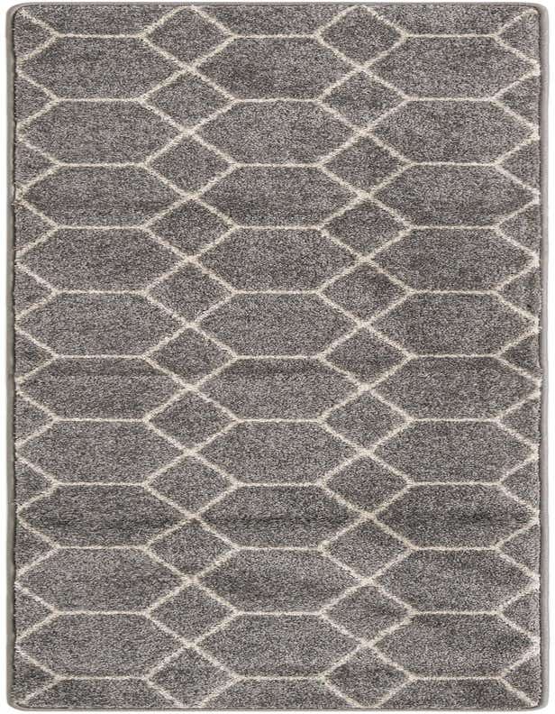 A 7 ft gray runner rug with a modern white hexagonal lattice pattern, ideal for a hallway.
