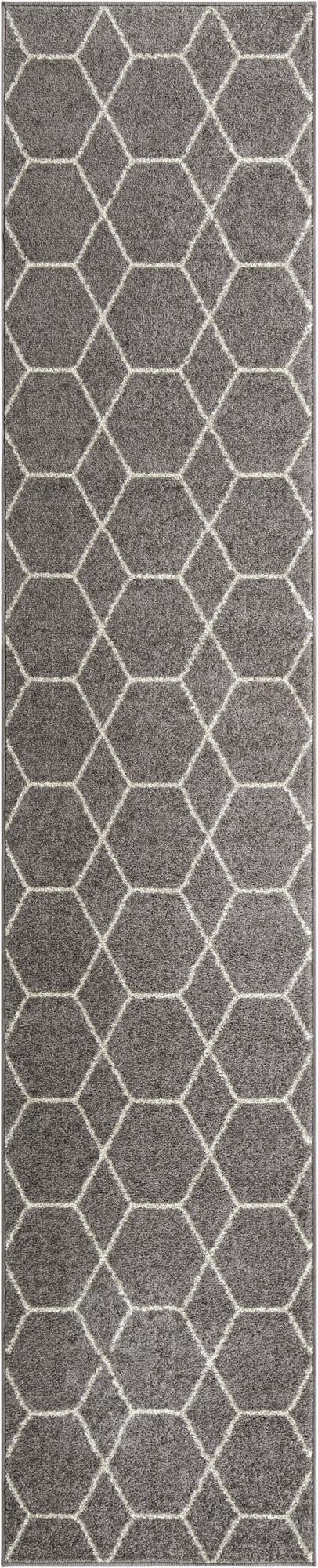 A 10 ft runner rug in gray with a modern white trellis pattern, perfect for a hallway.