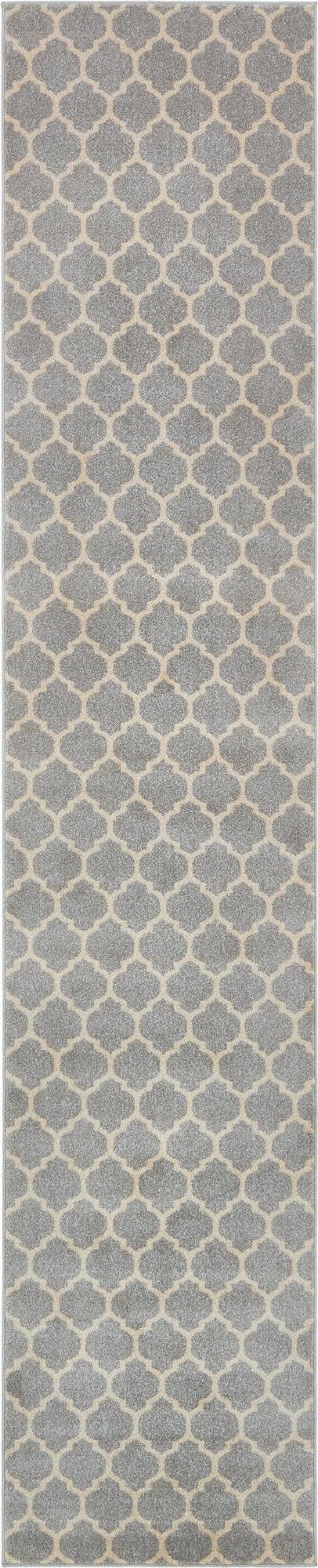 A 13 ft runner rug with a modern gray trellis pattern on a light beige background, perfect for a hallway.