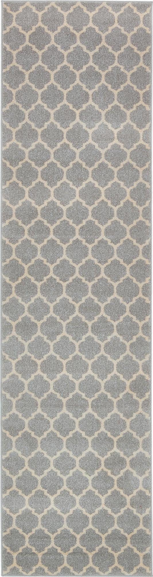 A 10 ft runner rug in shades of gray and silver, featuring a modern trellis pattern, perfect for a hallway.