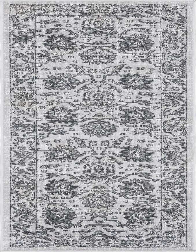 A 6 ft runner rug in shades of gray and silver, featuring a distressed traditional floral pattern, perfect for a hallway or kitchen.