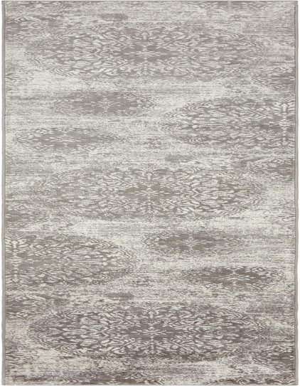 A 16 ft gray runner rug with a distressed traditional floral pattern in silver and white, ideal for a hallway.