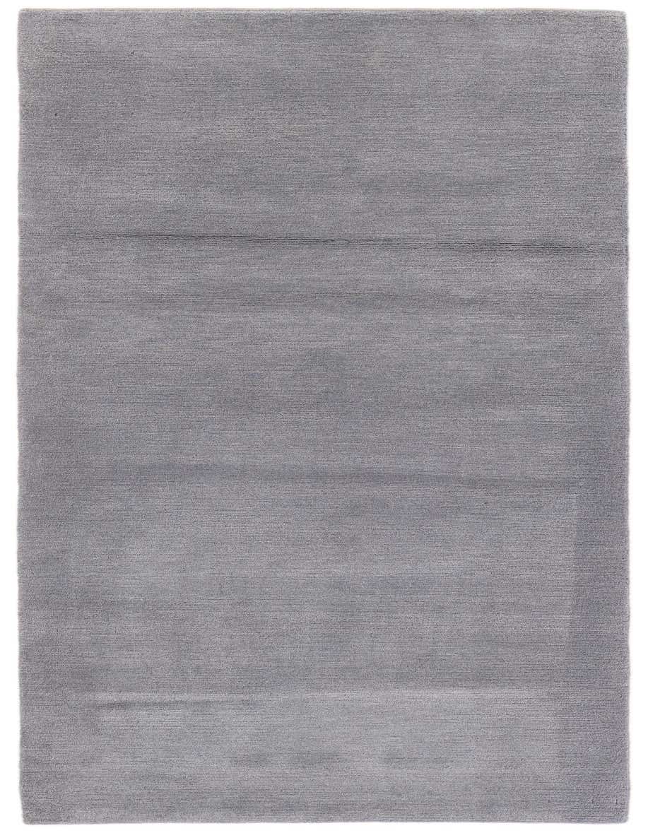 A 6 ft gray wool runner rug with a subtle border texture, ideal for a hallway.