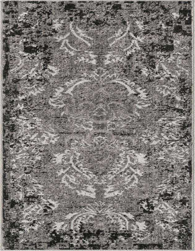 A 6 ft gray runner rug with a distressed traditional botanical pattern, suitable for indoor or outdoor use.