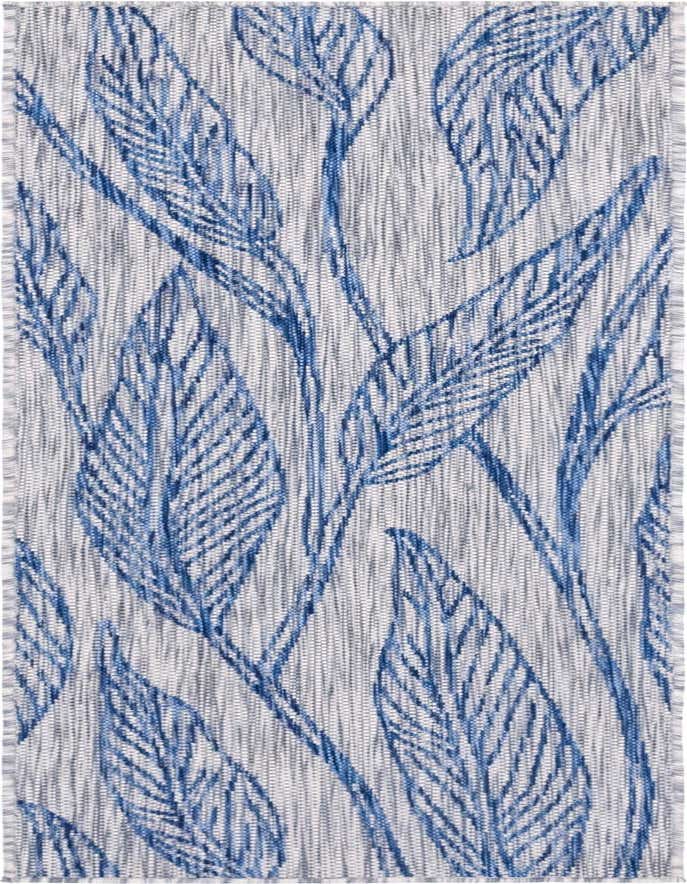 A 6 ft runner rug featuring a modern botanical pattern with blue leaves on a textured gray and silver background, suitable for indoor/outdoor use.