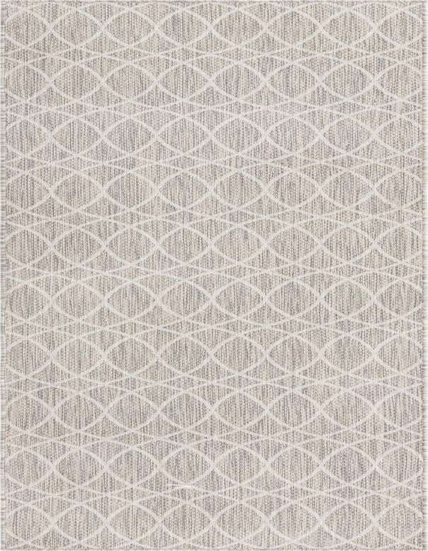 A 10 ft runner rug in grays and silvers with a modern trellis pattern, suitable for hallways or patios.
