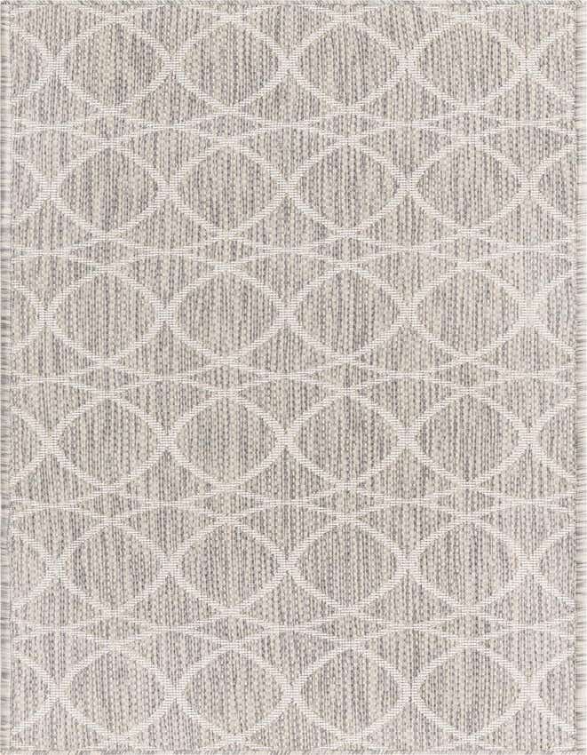 A 6 ft runner rug with a modern gray and silver trellis pattern, suitable for indoor or outdoor use.