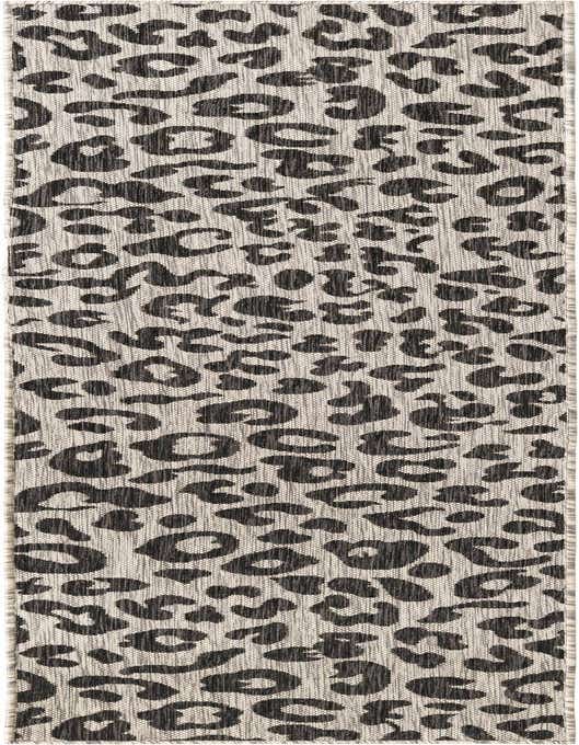 A gray and silver 8 ft runner rug featuring a modern leopard print pattern, suitable for hallways or patios.