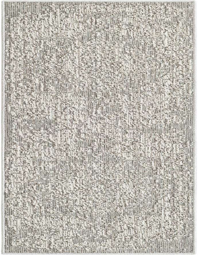 A 6 ft gray and silver polypropylene runner rug with a subtle traditional pattern, suitable for hallways or patios.