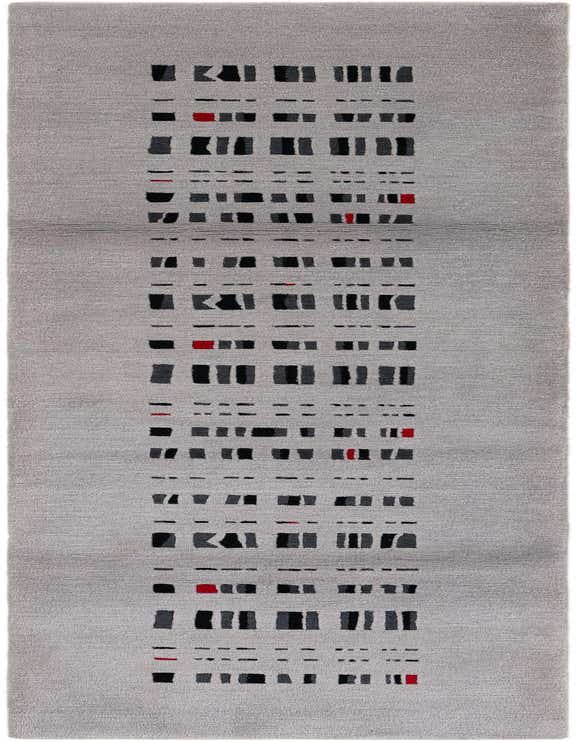 A 10 ft runner rug in light gray with a modern abstract pattern of black, dark gray, and red rectangular shapes.