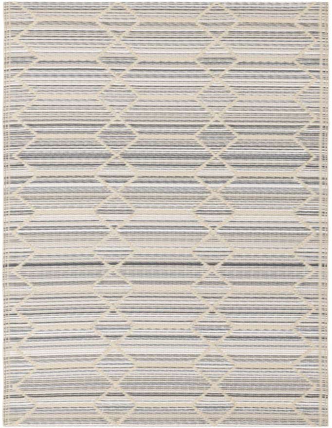 A 6 ft runner rug with a modern geometric pattern in varying shades of gray, silver, and off-white, suitable for indoor/outdoor use.